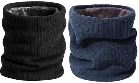 EujRcf Neck Warmer, 2 Pack Snoods for Men and Women, Warm Winter Knit Scarf, Navy Blue and Black, Ski Mask Scarf Gifts for Cycling Outdoor, 19x19 cm