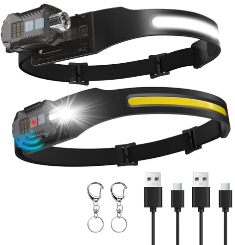 Sogdeco Lampada Frontale a LED Ricaricabile, Lampada da Testa 400 Lumen 230° Grandangolare Sensore Lampada Frontale Rimovibile 9 Modalità di Illuminazione Leggera IPX65 Impermeabile per Escursionismo