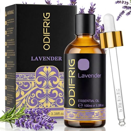 ODIFRIG Olio Essenziale Lavanda, 100 Ml, Oli Essenziali Naturale, Per Aromaterapia, Lampada Profumata, Massaggi, SPA, Bagno, Fai Da Te, Pipetta Inclusa