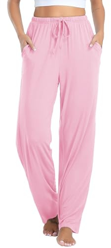 Vlazom Mujer Pantalones de Pijama Largo, Suave Modal Lounge Pantalones de pierna ancha Casual Inicio Pantalones con bolsillos(S,Rosa)