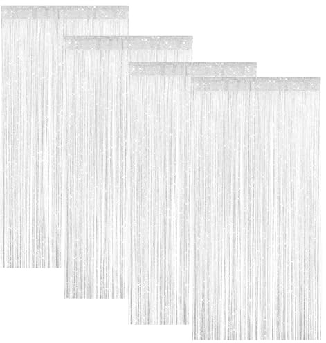 Chingcoo 4 cortinas de hilos para puerta, 100 x 200 cm, con purpurina, separador de ambientes, decoración de ventanas, para bodas, fiestas, decoración (blanco)