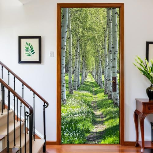 Adesivi per Porte Interne PVC Foresta di betulle Door Cover Autoadesivo verde Rivestimento Porta Decorativo Applicazione Senza Bolle Rifilabile 83x210 cm