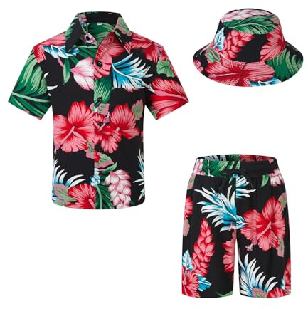 SPKPKEY Ensemble chemise hawaïenne boutonnée à manches courtes et short avec chapeau cloche pour garçon