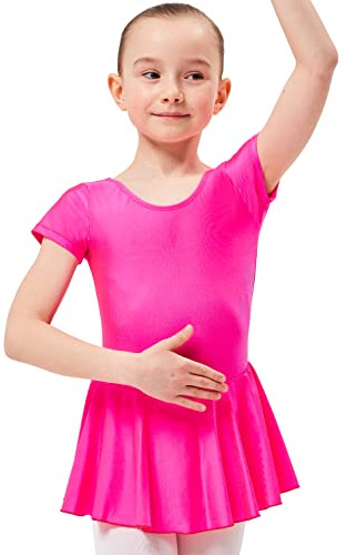 tanzmuster Kinder Kurzarm Ballett Trikot Marina mit Röckchen aus glänzendem Material in pink, Größe:128/134