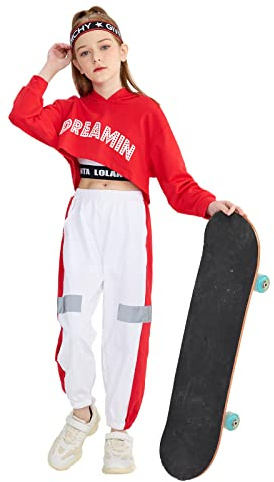 LOLANTA 3Pcs Girls Hip Hop Dance Costume Niños Street Dance Clothes Set Sudadera Corta con Capucha, Camiseta sin Mangas, Pantalones Reflectantes, Rojo, 8-9 años, 140