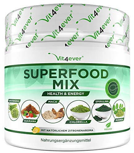 Combinazione di superfood - 420 g di polvere (frullato) con erba d'orzo, guaranà, maca, clorella, spirulina, moringa - frullato energetico 100% naturale - con aroma di limone - vegano