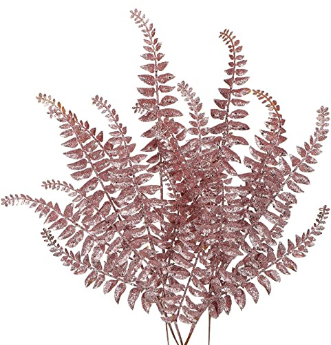 Oairse 60CM 6er Set Kunstpflanze Kunstzweig Weihnachten deko Glitzer, Weihnachten Blätter für Weihnachtsbaum Neujahr Ornamente, Künstliche Farn für Feiertags-Esstischdekoration, Rosa