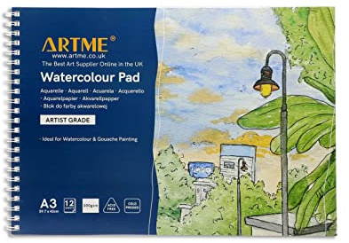 ARTME Blocco Carta per Acquerello A3, 12 Fogli 300 g/m², Carta Acquerello Doppia Trama, Grana Ruvida e Liscia, Senza Acidi, Cellulosa, per Acquerelli, Gouache, Disegno e Pittura