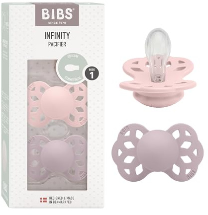 BIBS Infinity Soother 2-Pack, BPA Free, Symmetrical Nipple. Silicone, Made in Denmark, 0-6 Months (Pack of 2), Blossom/Dusky Lilac