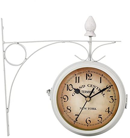 Katutude Reloj de pared de doble cara para jardín, estación de tren con soporte, estilo retro vintage, reloj de pared impermeable para jardín, decoración de interior y exterior