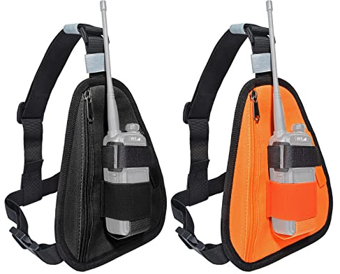 HYS Arnés de radio para pecho compatible con Baofeng Motorola Uniden Kenwood ICOM Walkie Talkie, chaleco portátil, bolsillo en el pecho, banda elástica ajustable (mediano, negro y naranja)