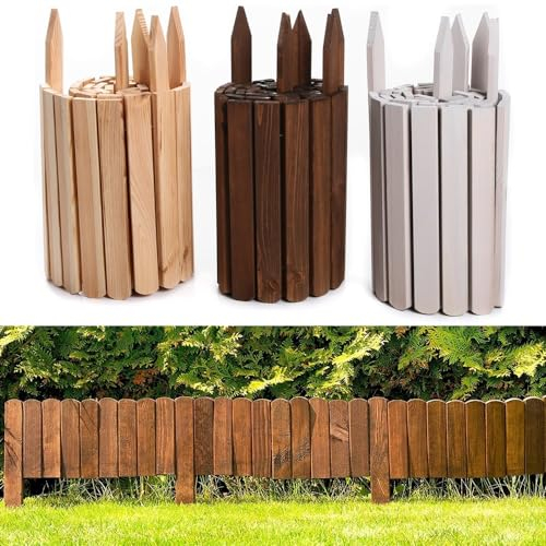 Rollborder Rasenkante Holzzaun Länge 200cm Beeteinfassung Palisade Beetumrandung Gartenzaun Kiefernholz Umzäunung Steck Zaun Höhe - (30 cm, Braun)