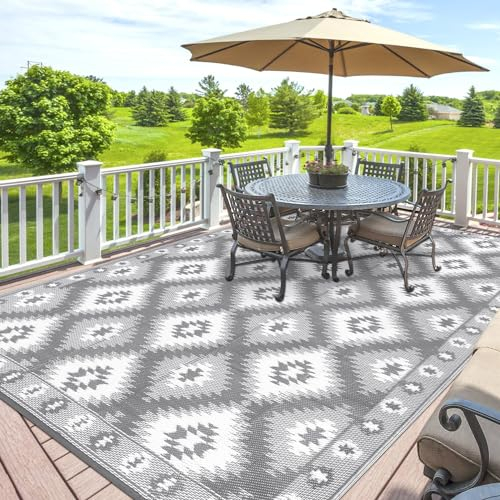 SHACOS Outdoor Teppich Wetterfest 150x240 cm, Wendbarer Balkon Camping Teppich, Kunststoff Stroh Terrasse Matte UV-beständig Picknickdecke für Patio Garten Picknick BBQ, Grau