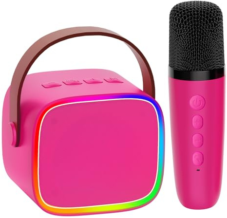 BONAOK Macchina per karaoke, karaoke Bluetooth, per bambini, adulti, lettore karaoke portatile, microfono per la ricarica, giocattolo elettronico per bambini (Rosso Rosa)