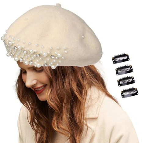 JK Home Pearl Rhinestone Wool French Beret Hat with 4pcs Fasten Snap Clips