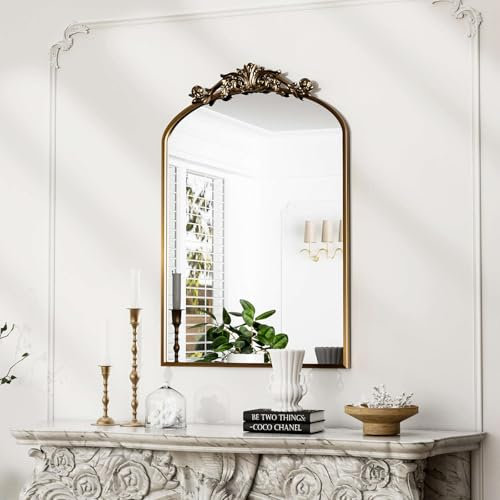 ZMYCZ Traditional Vintage Gold Mirror, Antique Arched Mirror, Bronze Decor Wall Mirrors, Large Baroque Mirror with Aluminum Frame, Ornate Mirrors for Bathroom, Living Room, Fireplace (30x22)