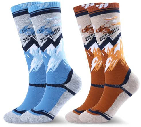 West Biking Calcetines de esquí para niños – 2 pares de calcetines térmicos gruesos para niños, lana de merino, calcetines cálidos para niños para clima frío, esquí y senderismo, calcetines