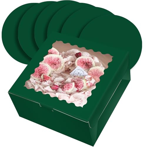 Gcardist Caja para tartas de 25,4 x 25,4 x 13 cm, 5 juegos de cajas de pastel verde profundo con ventana y 5 juegos de tablas redondas de 10 pulgadas de profundidad, recipientes para tartas (10 x 10 x