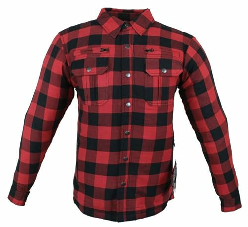 Motorradhemden Biker Hemdjacke Wasserdicht & Winddicht Motorrad Kariertes Hemd mit Protektoren Jacke Flanell Lumber Aramid (DE/NL/SE/PL, Alphanumerisch, XXL, Regular, Regular, Rot)