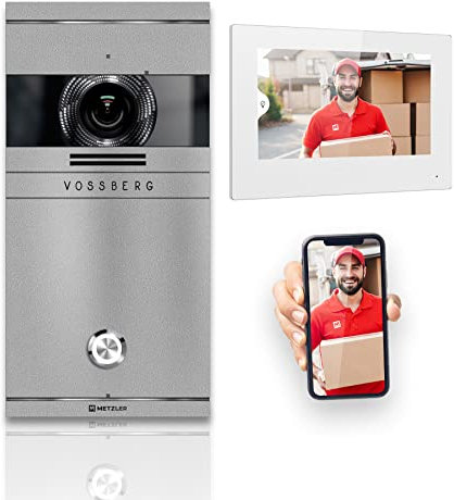 Metzler VDM10 Kit complet d'interphone vidéo 2.0 avec gravure laser - Plaque nominative - Connexion LAN/POE - Interphone de porte avec caméra HD et écran pour 1 maison familiale - Gris - En acier