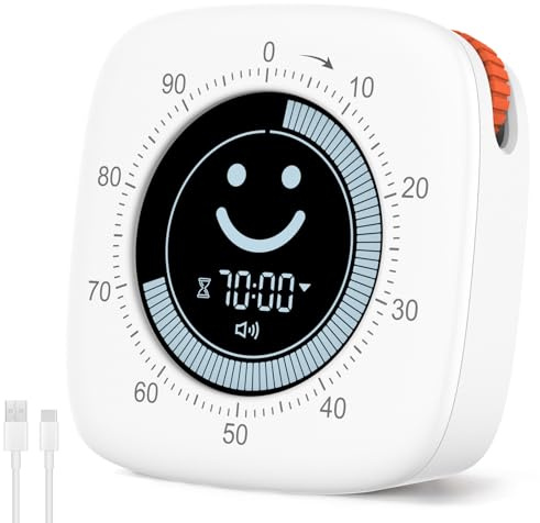 Cuteefun 100 minuters Pomodoro visuell timer med smiley-display, snabb glidning, tyst och vibrationsläge, justerbar volym, kort timer för kök och arbetsrum