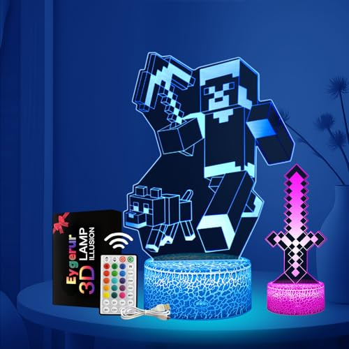 Eygerur 2 Pezzi Minec Luce Notturna Bambini, Regalo de Minec per Bambini 2 3 4 5 6 7+ anni,Minec Lampade 3D Illusione Lamp con 16 Cambi di Colore, Regali di Natale Compleanno per Ragazza, Ragazzo