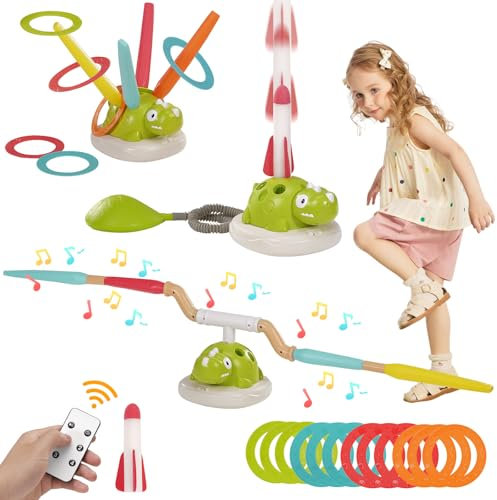 Jouets Sportifs 3 en 1, Saut Musical dans Le Jardin, Jeu Sportif pour Enfants avec Lanceur de Dinosaures, Saut Musical, Jeu de Lancer d'anneaux, Jouet Lanceur de fusée pour Les Enfants de 3 à 12 Ans