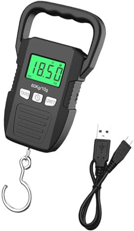 Báscula de peso digital portátil de 60 kg, báscula electrónica para colgar equipaje, batería/USB, recargable, LCD, pesaje de pesca