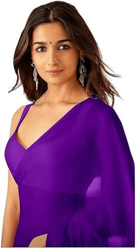 ETHNICMODE Indian Saree For Women Plain Georgette Party Wear Purple Sari With Unstitched Purple Blouse Piece-1229