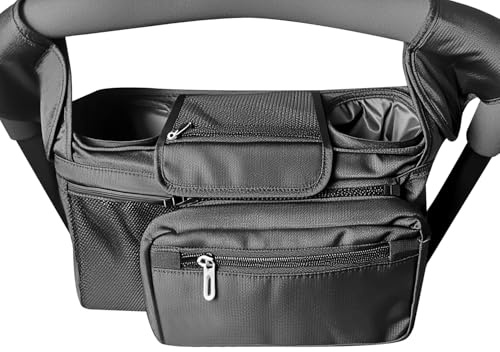 QWORK® Pram Organiser Bag Pushchair Organiser with Insulated Cup Holders and Detachable Pocket, Large Capacity and Universal Fit All Buggy Models