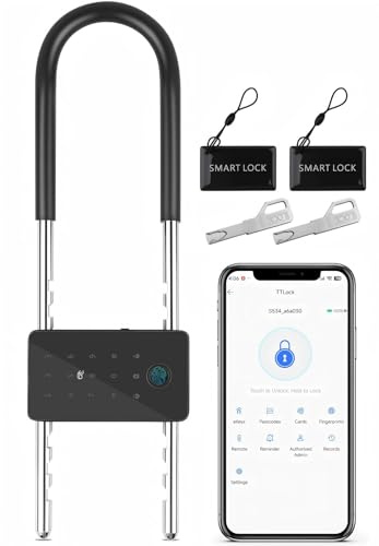 Long Shackle Padlock U Lock Bike Gate Combo U-Lock Adjustable Shackle, Lock with Fingerprint, Keypad Code, App Control, Auto Lock- Suitable for Bicycles, Glass Doors