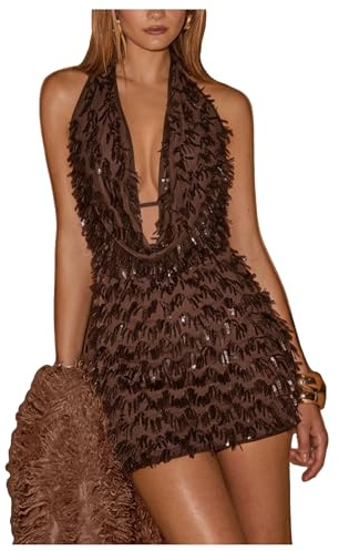 MakeMeChic Women's Sequin Sparkly Halter Dress Low Cut Open Back Draped Fringe Party Dresses Brown Medium