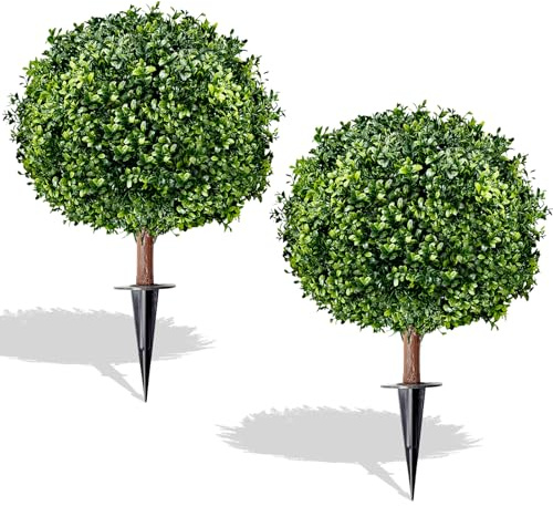 SylvanVerse Artificial Boxwood Topiary Ball Trees, Set of 2 UV Resistant Fake Evergreen Shrubs Bushes Plants with Ground Spike, 18 Fake Plants for Outdoor Indoor Front Porch Garden
