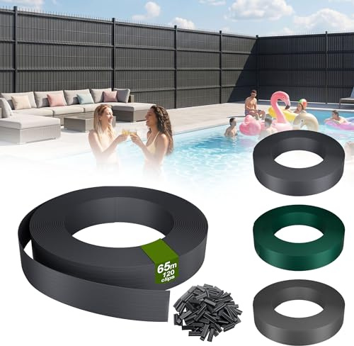 UISEBRT Strisce frangivista in PVC con 120 clip di fissaggio per stuoie a doppia asta e recinzione, 65 m x 4,7 cm, 100% coprenti, resistente ai raggi UV, impermeabile, antracite