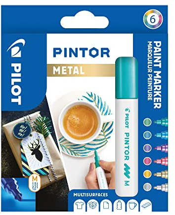 PILOT PINTOR Kreativmarker – 6 Stück in M – Metallicfarben – Farbmarker-Stifte für DIY-Projekte, für fast alle Oberflächen, schnell trocknend und gut deckend