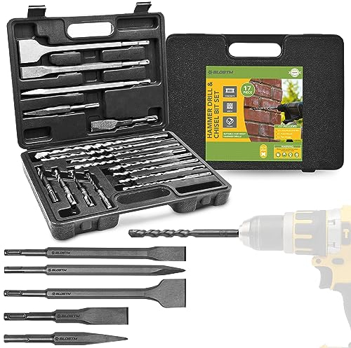 BLOSTM - Juego de 17 brocas SDS Plus, cinceles SDS de impacto, brocas de martillo y caja de almacenamiento para cemento, hormigón, azulejos, ladrillo y más