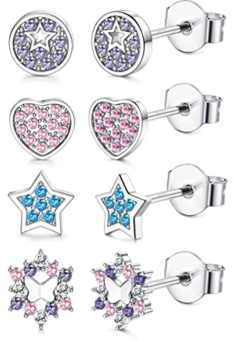 YADOCA 4 par 925 sterling silver örhängen för kvinnor flickor kubisk zirkon stjärna fjäril hjärta runda små broskörhängen allergivänliga piercing öronsmycken, Kubisk zirkonia sterlingsilver, Kubisk