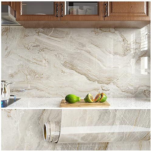 VEELIKE Beige Marble Wallpaper Glossy Marble Vinyl Wrap Kitchen Worktop Vinyl Covering Bathroom Waterproof Contact Paper Self Adhesive Sticky Back Plastic Thick Lining Paper for Walls 40cm x 300cm