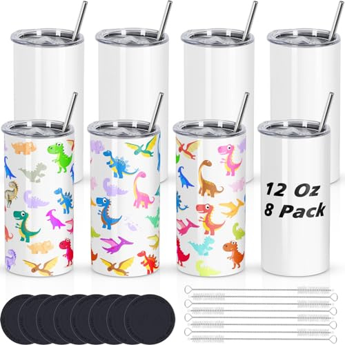 Draheri 12 Oz Sublimation Tumblers Blanks Bulk, Sublimation Cups for Kid with Straw and Brush, Stainless Steel Double Wall Insulated Mugs, Individually Boxed (8 Pack)