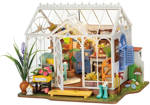 ROBOTIME DIY Miniature House Kit Garden House | Wooden Dollhouse Model Building Kit with LED for Adults and Teens| Holiday Birthday Gift
