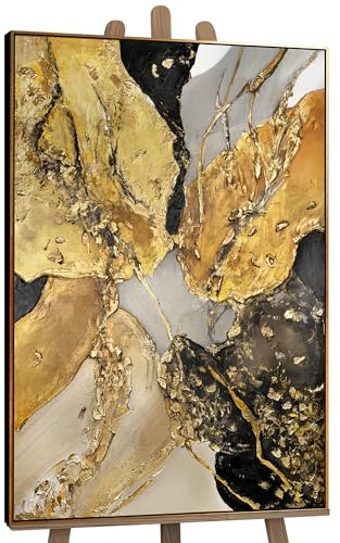 YS-Art Quadro Astratto Oro Nero Dipinto a Mano in Acrilico, Arte Moderna Materica 140x100 cm