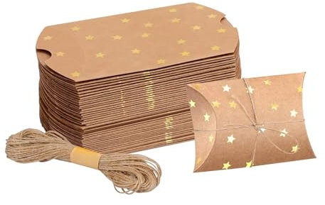 50 Stück Retro Kraftpapier Schachtel, Vintage Kissen Geschenkbox, Klein Geschenkschachtel Kraftpapier TüTen, Kraftpapier Tüten Geschenkbox, für Partys, Hochzeiten, Süßigkeiten(mit Juteschnur)
