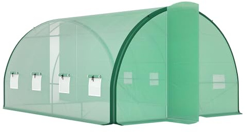 Outsunny 4 x 3 m Walk-in Polytunnel Greenhouse with Upgraded Structure, 2 Hinged Doors, 8 Mesh Windows, Tunnel Warm House Tent with UV-resistant PE Cover, Green