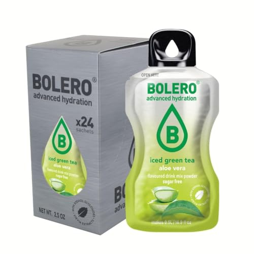 Bolero THÉ VERT GLACÉ ALOE VERA 24x3g | Poudre pour boisson sans sucre, édulcorée à la stévia + vitamine C | convient aux enfants, aux sportifs et aux diabétiques | sans gluten et compatible avec un r