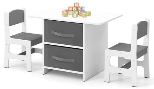 GOPLUS Juego de Mesa y 2 Sillas Infantil 3 en 1, Grupo de Asientos y Escritorio con Amplio Tablero para Niños, Mueble Infantil con 2 Cajas de Almacenamiento, Capacidad Carga 50KG (Gris)