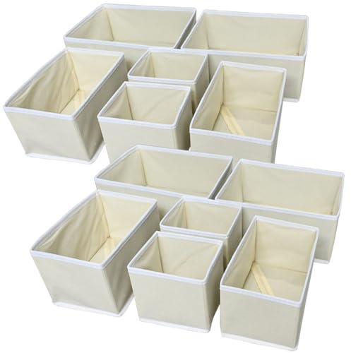 12 Pack Drawer Organizer for Clothes, Underwear Drawer Organizer Bins, Foldable Fabric Closet Storage Organizers, Lingerie, Dresser Drawer Dividers for Baby Clothing, Bra, Socks, Ties, Scarf (Beige)