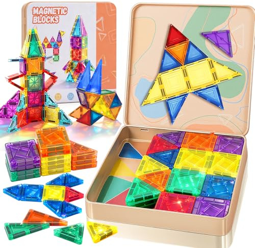 Charmofun Mini Tuiles Magnétiques Enfant, 60 Pièces Blocs de Construction Magnétiques de Voyage, Mini Magnetic Tiles avec Étui en Fer Jouet de Voyage Cadeau Enfants 3 4 5 6 7 Ans