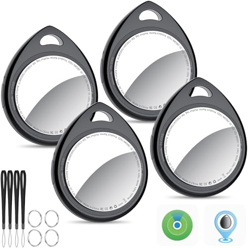 QCOQ® Air Tracker Tags 4er Pack Schwarz, Schlüsselfinder Kompatibel mit Apple Wo ist? App (Nur iOS), Smart Key Finder mit Schlüsselband, Koffer-Tracker für Taschen/Keys, Austauschbarer Akku