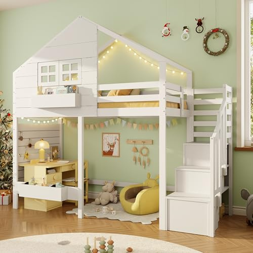 SURUEO 3ft Treehouse Bunk Bed for Kids, Solid Wood Loft Bed with Storage Stairs & Safety Guardrail - High Sleeper Playhouse Bed with Window for Children & Teens, 90x190cm, White