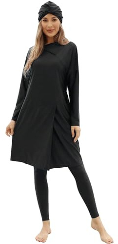 Odizli Femme Musulman Islamique Burkini Manches Longues Haut Long + Pantalon de Bain + Hijab 3 Pièces Maillot de Bain Modeste Couvrant Tout le Corps, Noir , L